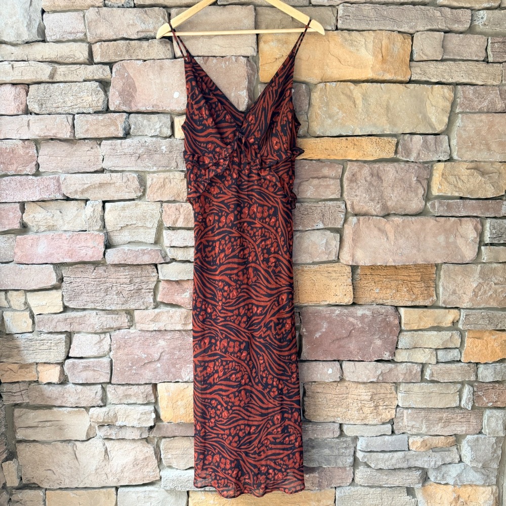 Y2K Timing Women L Babydoll Midi Dress Abstract Animal Print Ruffle V-Neck Boho
